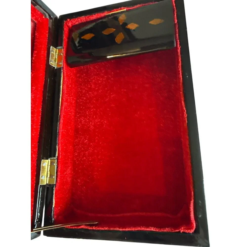 Japanese Black Lacquer Jewelry Box With Mother Of Pearl Inlay & Red Velvet Inter